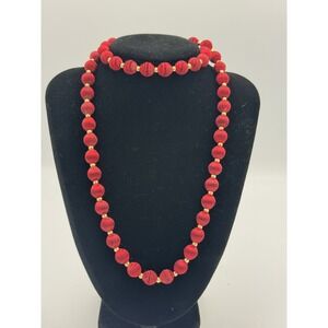 Vintage 1960's Satin Red Colored Bead & Gold Bead Classic Necklace